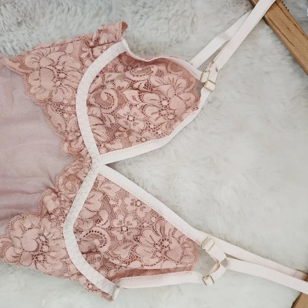 NWT We Are Hah x Free People Bust Out Lace Mesh Bodysuit Sheer Pink Floral XS